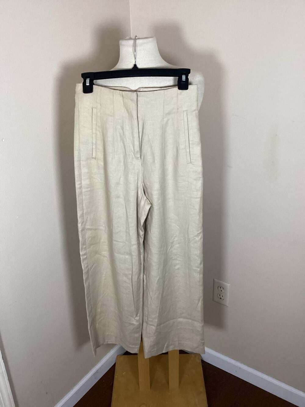 Zara High-Waisted Wide-Leg Linen Blend Trousers Beige Size M